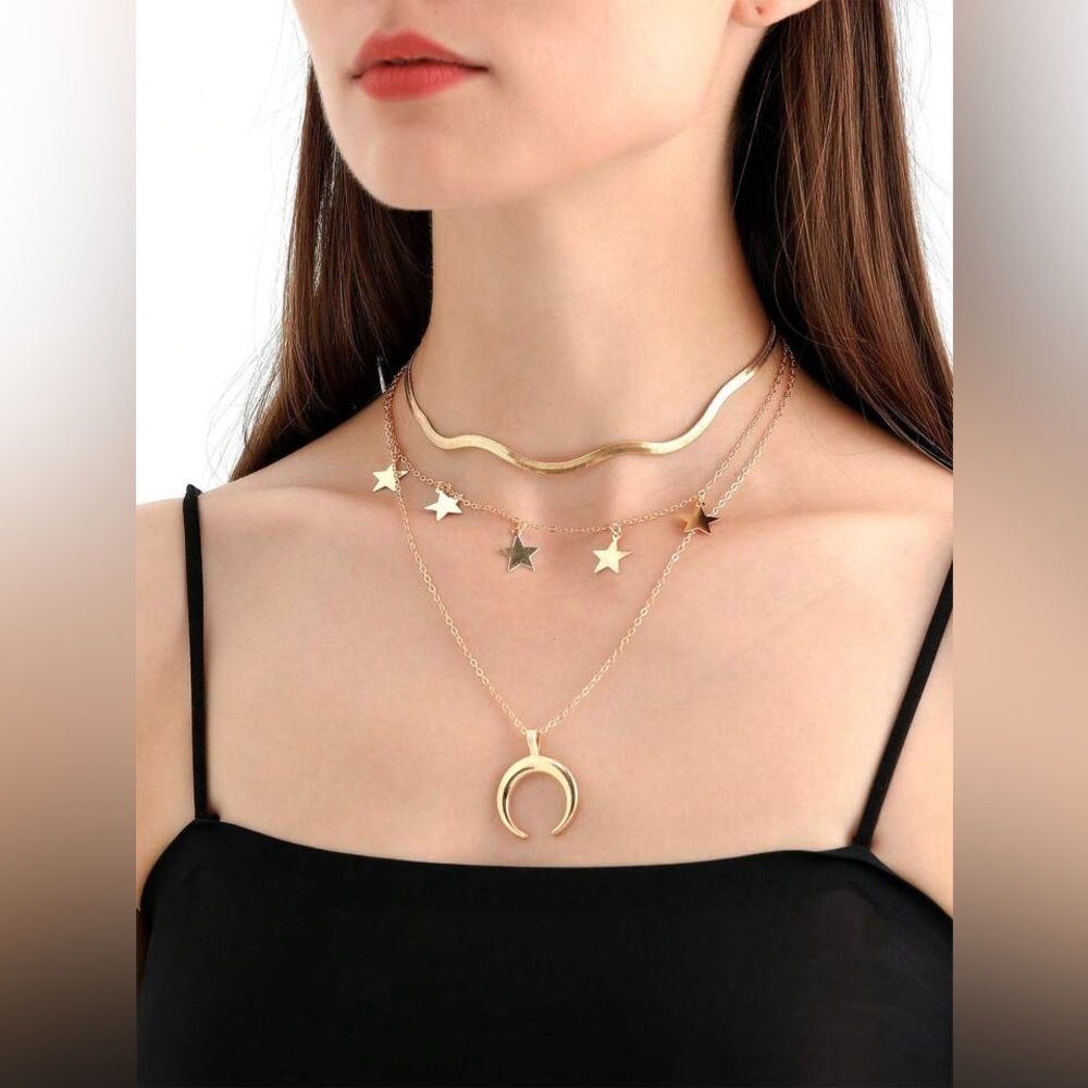 18K Gold Moon & Stars Celestial Bohemian Vintage Style Layered Necklace No Fade - Picture 9 of 14